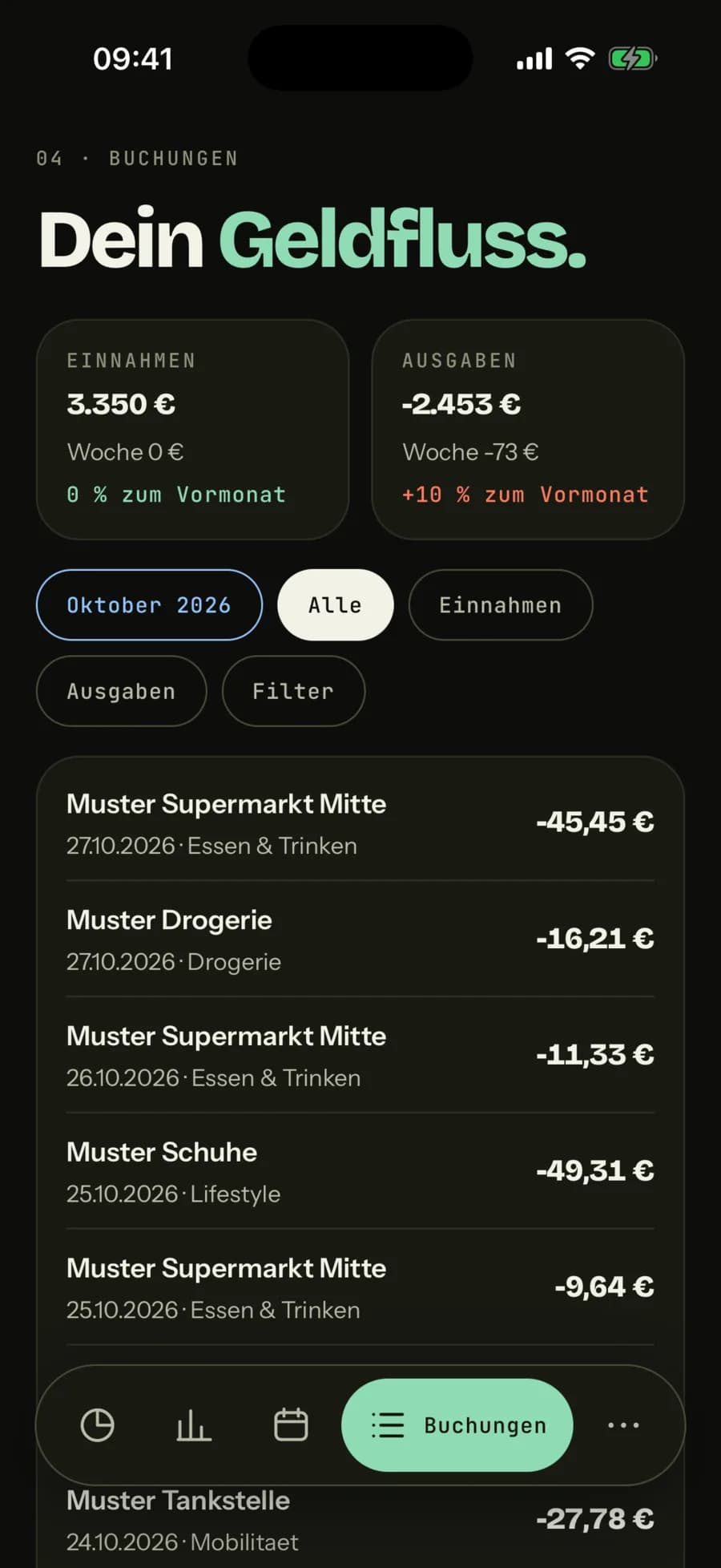 Buchungen mit Bereich je Buchung und Filtern